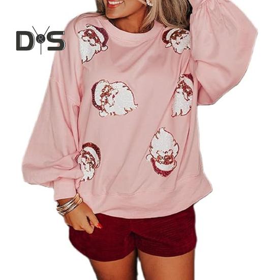 

Жіночий різдвяний світшот з круглим вирізом і візерунком Санта-Клауса, вільний пуловер із довгими рукавами-ліхтариками Зберігає тепло, новорічний топ XXL рожевий