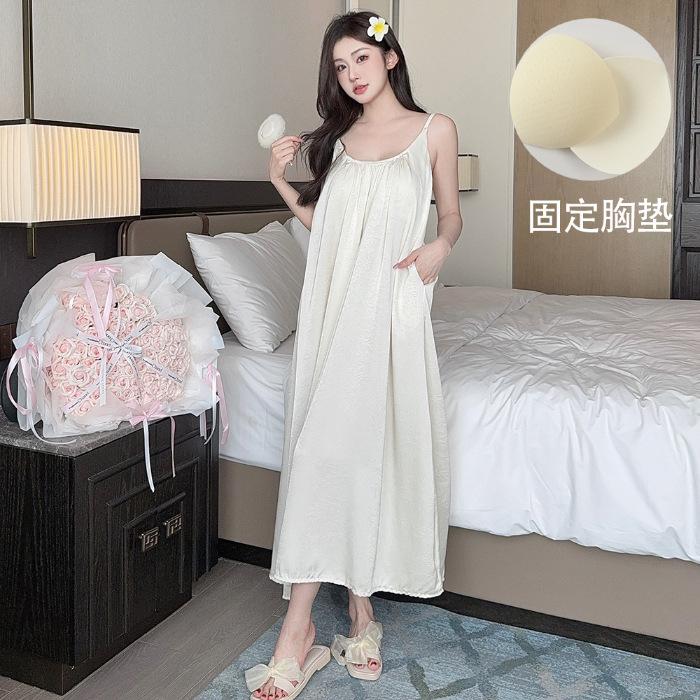 Original Acetic Acid Long Dress Double Pocket with Chest Pad Large Leak Back Nightdress Women's Suspender Summer Solid Color Vacation Style Loungewear