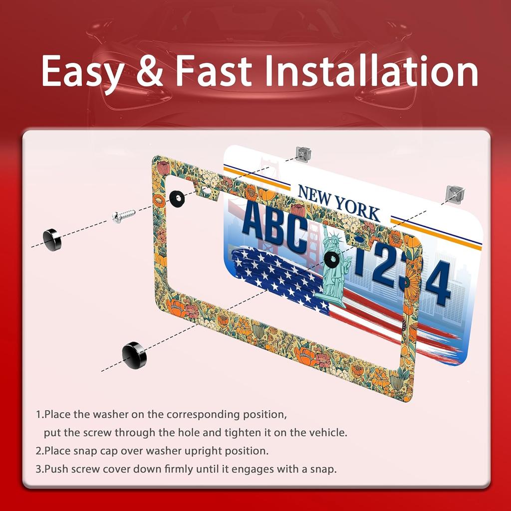 Beautiful Floral Print License Plate Frame Funny Stainless Steel Vintage Flower License Plate Frames Auto Parts Decoration With Screws License Plate
