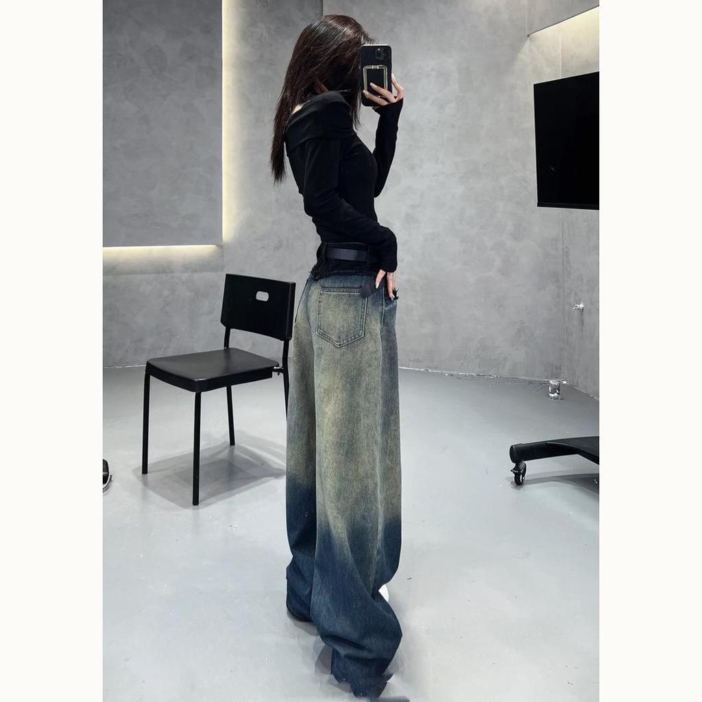 Women's Retro Distressed Gradient High-Waisted Wide-Leg Jeans - Early Autumn Collection