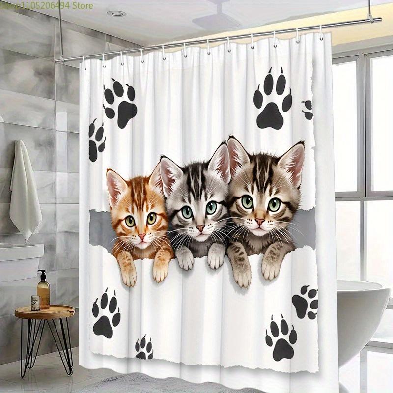 1pc Adorable Kitten Shower Curtain - Realistic Orange, Gray, and White Kittens Peeking Through Torn Paper with Playful Paw Pri