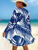 Fashionable Printed Drawstring Top Long Sleeve Mesh Cover Up And Bikinis 3 Piece Beach And Vacation Swimwear Set