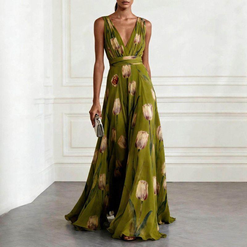 Tulip Print Sleeveless V-Neck Dress Black M