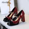 Fashion Luxury Patent Leather Chunky Heeled Mary Jane Shoes Women String Bead Straps Dress Shoes Fashion Platform Buckle Pumps Elegant