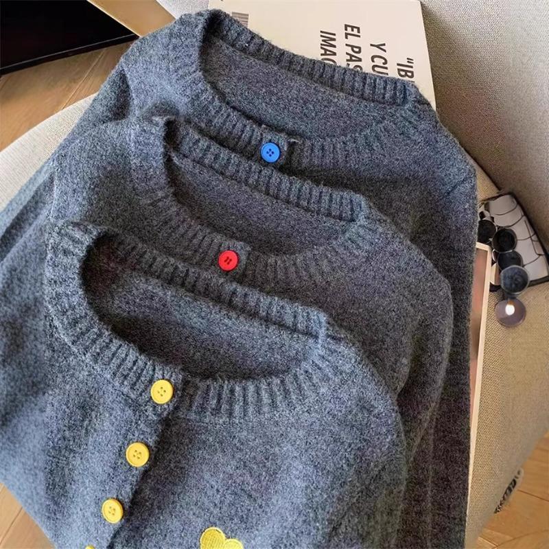 Lazy Wind Embroidered Knitted Cardigan Women's Autumn and Winter New Round Neck Bottoming Soft Waxy Contrasting Color Sweater Jacket Top