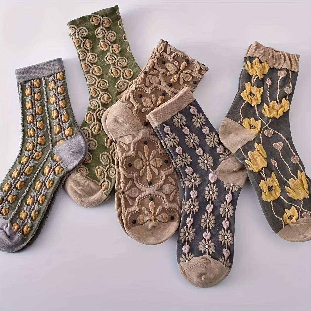 5 Pairs Women's 3D Floral Texture Socks, Elegant Mid-Calf Retro Court Style Full Set