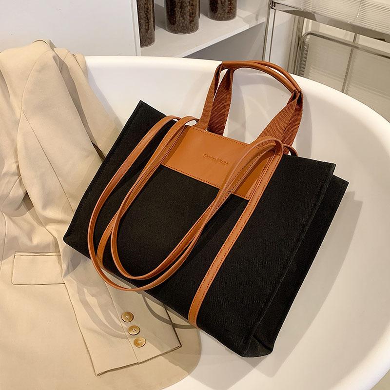 Canvas Bag Women's New Splicing Commuter Shoulder Bag Fashionable Simple Large-capacity Bag