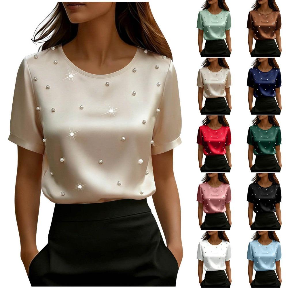 Women's O Neck Short Sleeve Satin Top Loose Fit Elegant Blouse Pearl Beaded Casual Shirt
