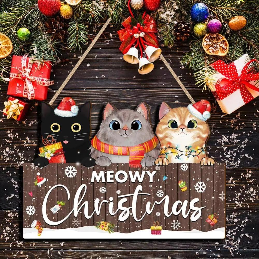 2D Flat Christmas 3 Kitten Hanging Board Wooden Cat Hanging Ornament Living Room