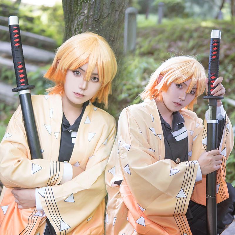 Костюм для косплею та перука Зеницу Агацуми з «Клинок, що розсікає демонів» для конвенції та Гелловіну