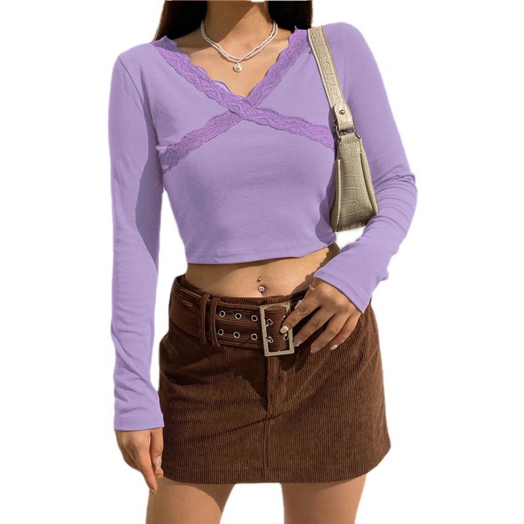 Women's Lace Ribbed Knit Long Sleeve T-shirt, Solid Color Bodycon Cropped Top, Streetwear Fashion