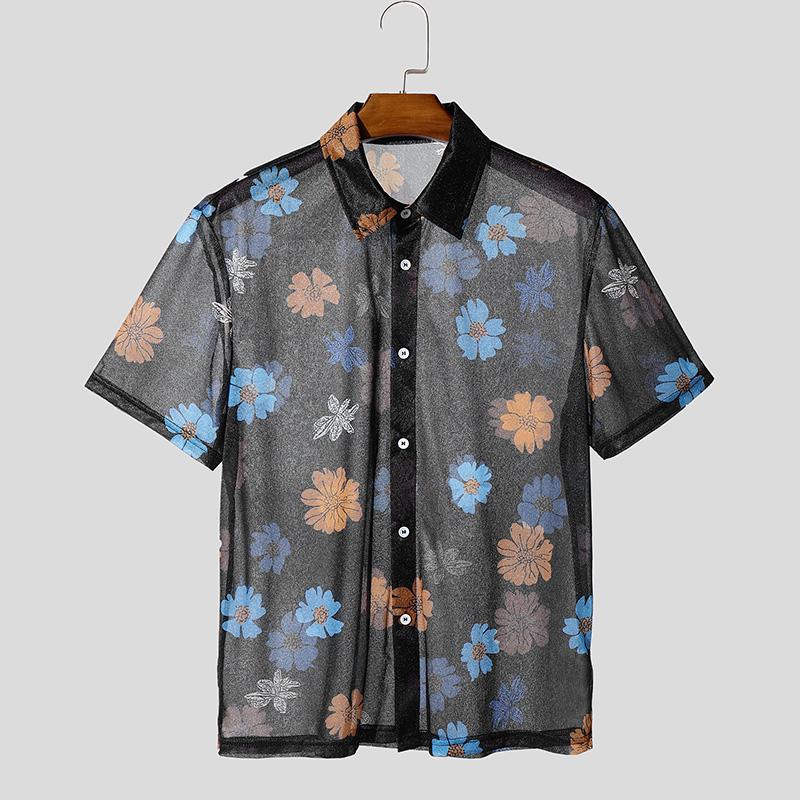 

INCERUN Summer Men Short Sleeves Mesh Sheer See Through Loose Shirts XL чёрный