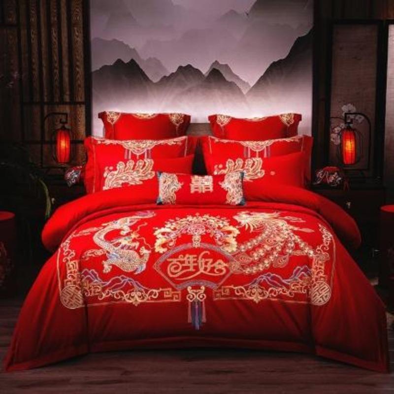 New Chinese style big red embroidery wedding quilt cover polished wedding room bedding wedding four-piece multi-piece set