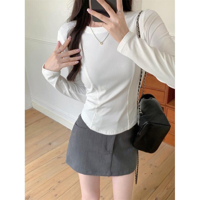 

Реальное фото белая внутренняя базовая футболка женская осенняя одежда облегающая и тонкая короткая хлопковая футболка с длинным рукавом XL белый