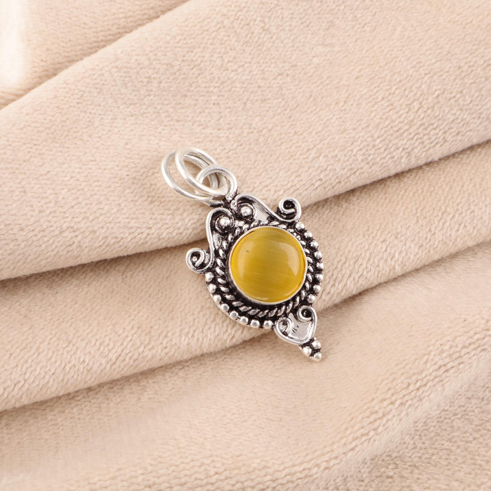 

Natural Yellow Cat s Eye Gemstone 925 Sterling Silver Jewelry Handmade Pendant PP-39-48