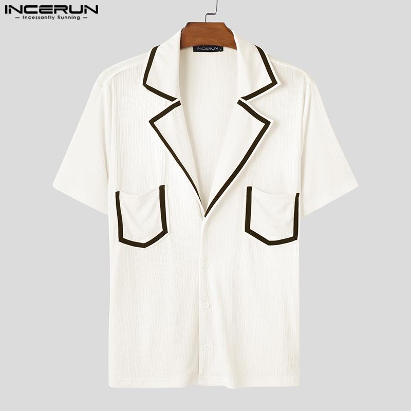 INCERUN Oversized Men Lapel V Neck Stitching Casual Summer T-shirts Tops