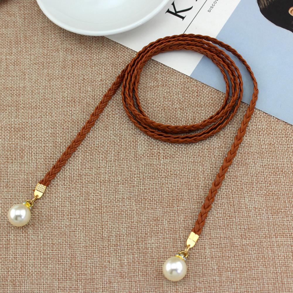 Korean Version Woven Thin Belt Women's Versatile Decorative Waist Rope Women's Sweet Dress Knotted Skirt Pearl Waist