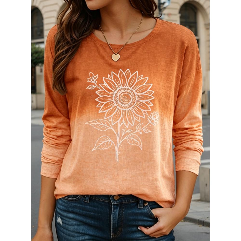 Women's Long Sleeve Crew Neck Gradient Heart & Butterfly Print Casual T-Shirt, Regular Tops for Spring Summer Daily Wear
