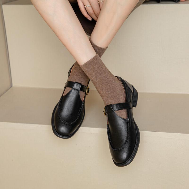 Fashion NEW Spring Women's Pumps Genuine Leather Shoes for Women Round Toe Chunky Heel Shoes Retro Low Heel Mary Janes Retro Brown Shoes