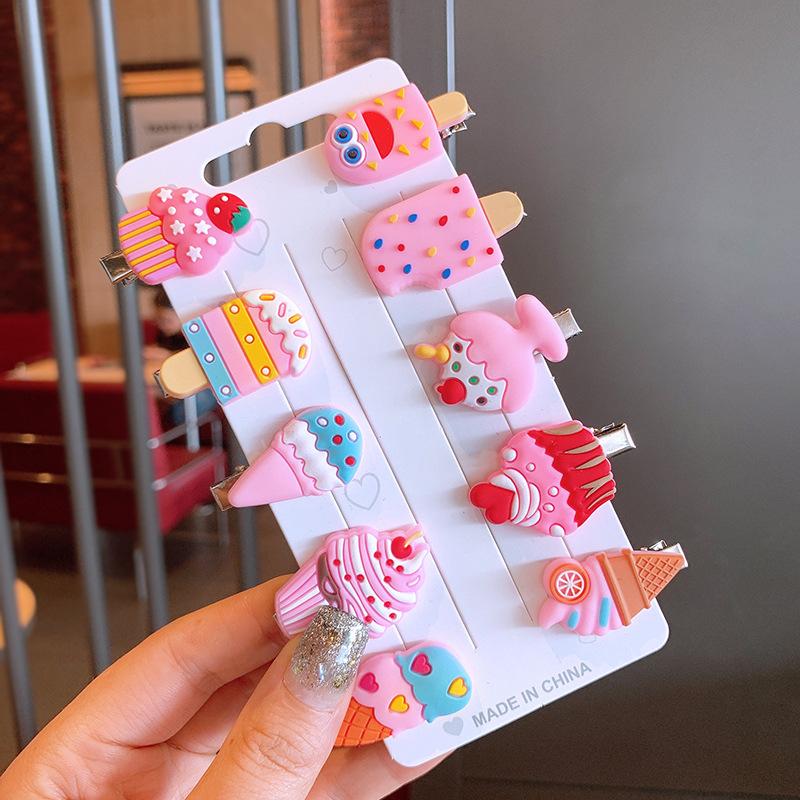 10Pcs/set New Cream Ice Cream Children's Cartoon Hairpin Korean Cute Fruit Headgear Rainbow Princess Bangs Clip Hair Accessories