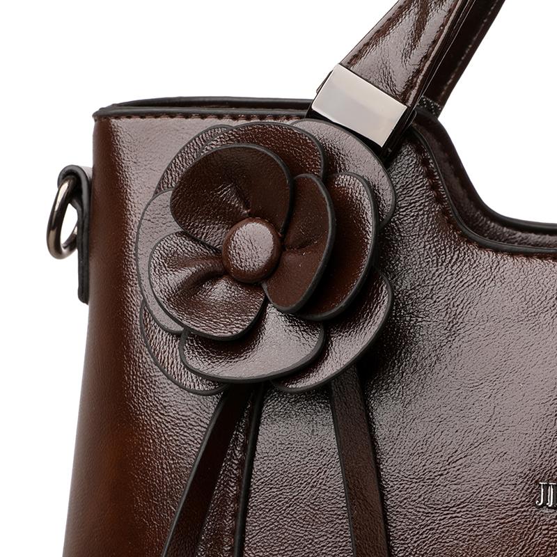 Retro PU Leather Handbags for Women Flower Decor Women's Shoulder Bag Leather Tote Bag