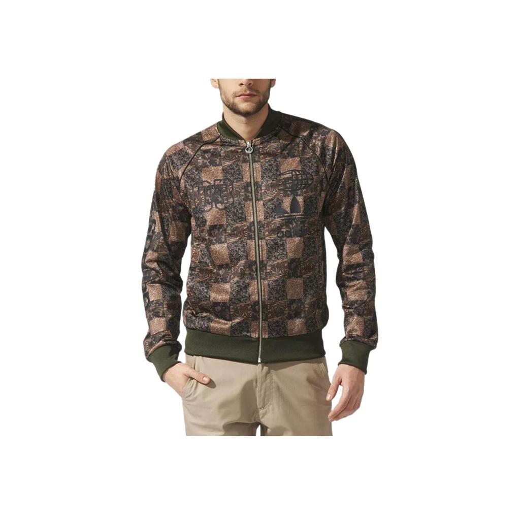 Adidas Originals Trefoil Logo Print Sports Zip-Up Long Sleeve Jacket Men jackets Brown S18589