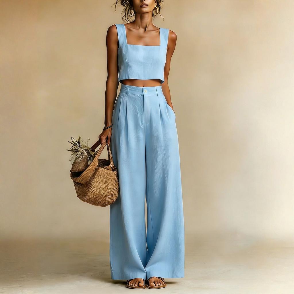 Women's Casual Square Neck Wide Leg Pants Set, Loose Sleeveless Vest Two-piece Set