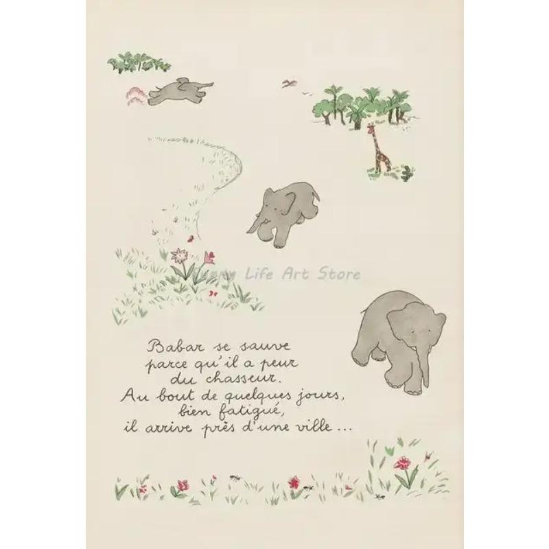 Vintage Babar the Elephant Cartoon Story Wall Art Canvas Prints for Kids Room Nursery Decor Animal Poster for Childrens Wall D 21X30CMNo Framed