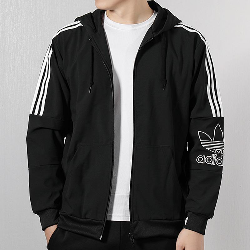 Adidas Originals Trefoil Solid Three-Stripe Print Logo Zip Hoodie Jacket Men Outerwear Black DX3853