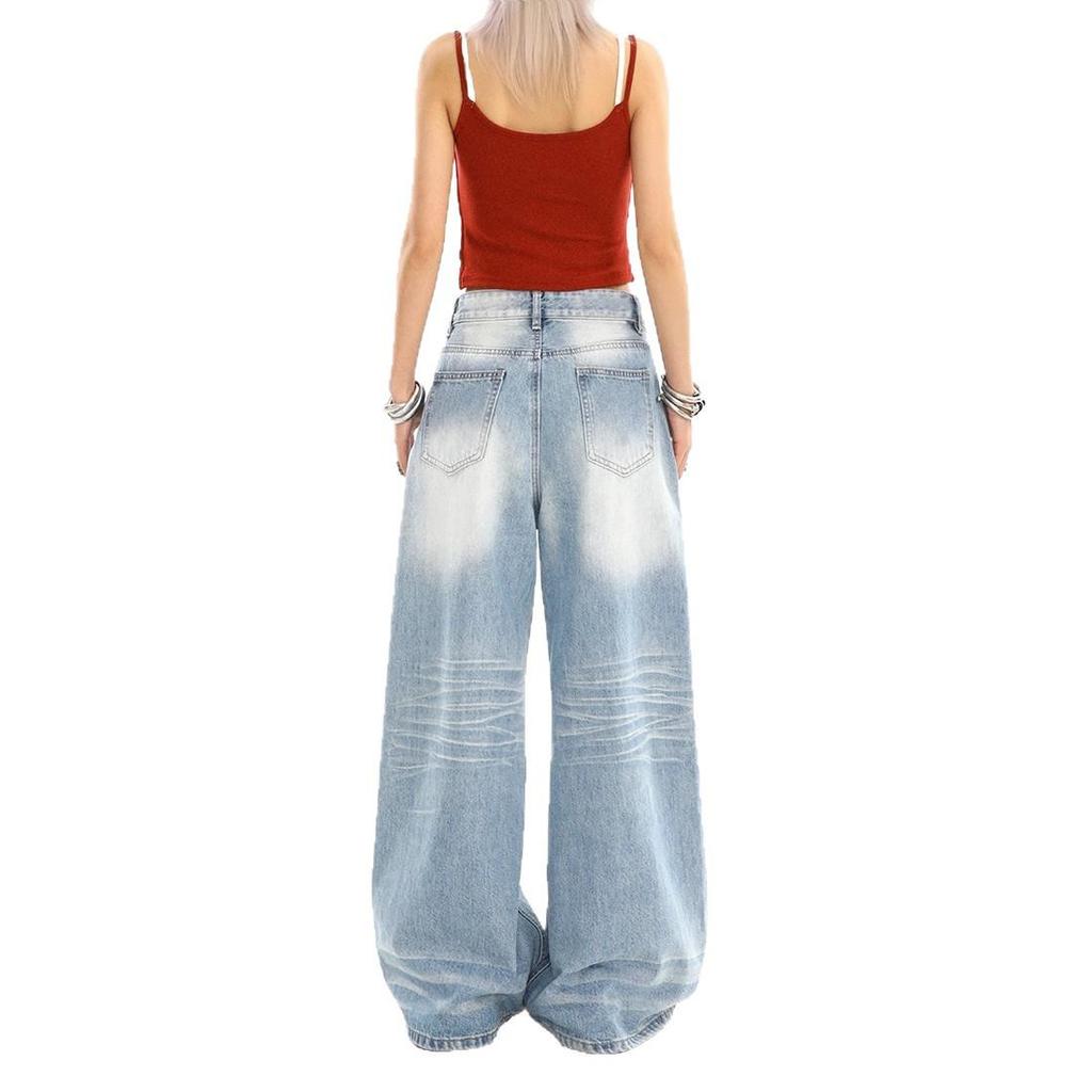 Jeans de Verano para Mujer Azul Medio Lavado Retro Desgastado Pierna Recta Pierna Ancha