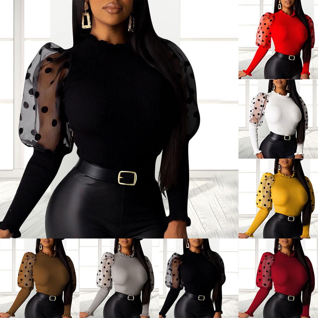 

Women s Fashion Solid Print Dot Stitching Bubble Petal Long Sleeve Top