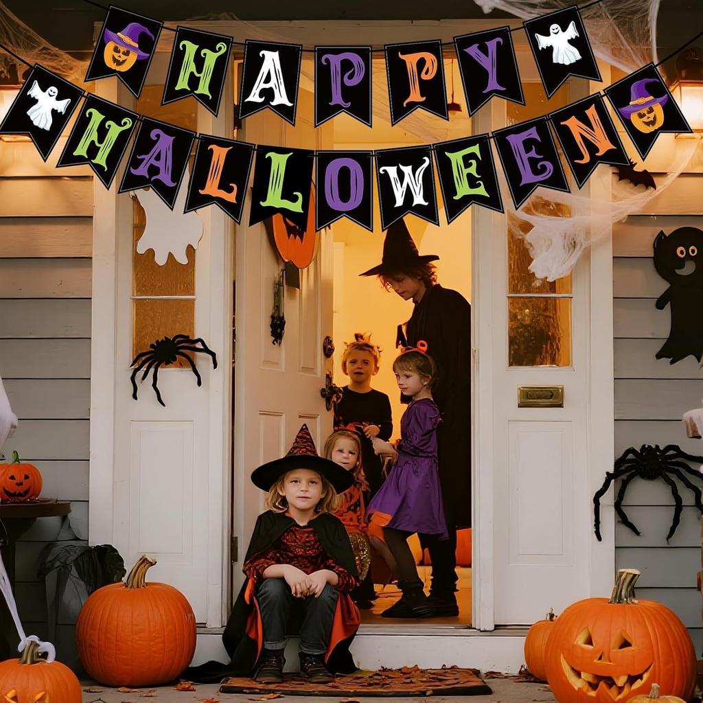 Halloween Decorations Indoor for Party, Happy Halloween Banner Decor, Scary Hanging Banner with Pumpkin Ghost Decorations for Office Home Room Mantel