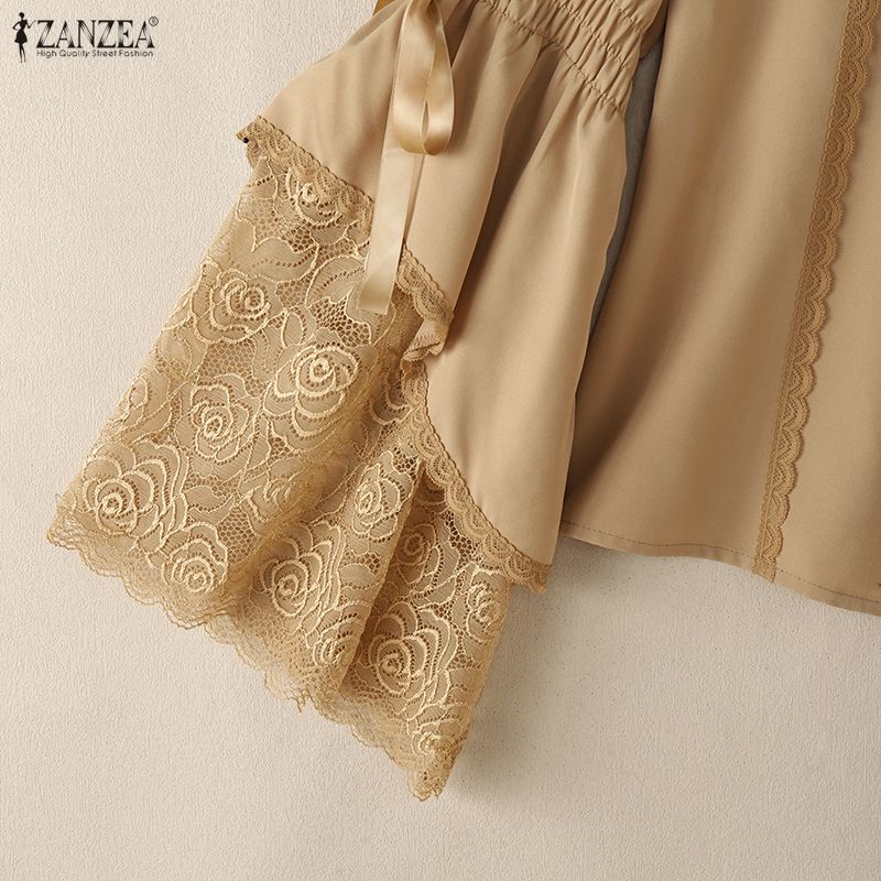 ZANZEA Women Casual Round Neck Loose Lace Splice Long Sleeve Blouse