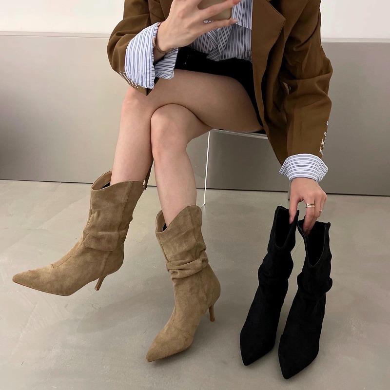 Vintage Pointed Toe Women Pleated Mid Calf Boots Fashion Slip on High Heels Shoes Autumn Winter Ladies Shoes