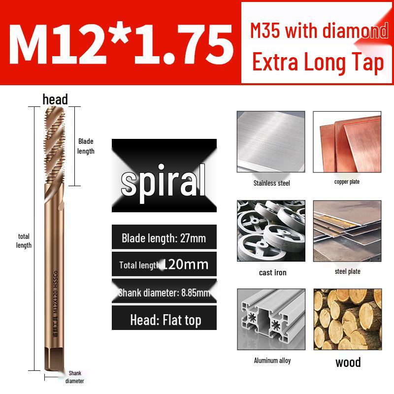 Titanium Plated Cobalt Tap Set: Straight & Spiral Flute for Stainless Steel (Sizes: M3, M4, M5, M6, M8)