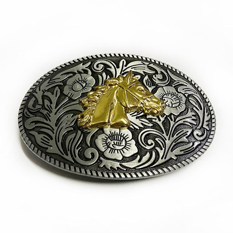 Patterned Horse Head Cowboy Higanbana Ethnic Oval Alloy Belt Buckle