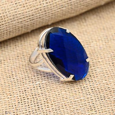 Blue Sapphire Lab-Created Gemstone Handmade Jewelry 925 Sterling Silver Lavish Ring For Women