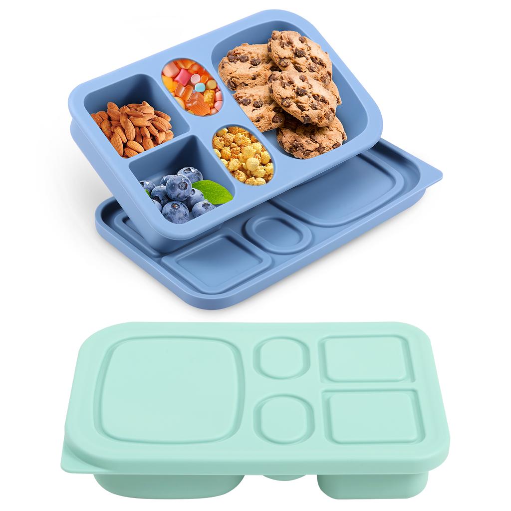 2 Stück Silikon-Snackbehälter mit Deckeln 5 Fächer Mahlzeitenbox zur Gewichtsreduktion Wiederverwendbare Bento-Box für Kleinkind, Erwachsenen, Büro, Schule