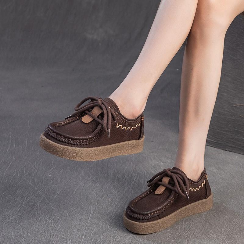Fashion GKTINOO 2025 Autumn New Retro Thick Soled Genuine Leather Flats British Style Versatile Round Toe Lace-up Women's Shoes