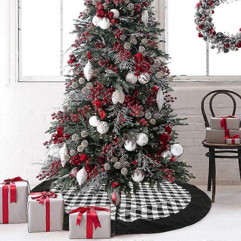 1 Pc Plaid Christmas Tree Skirt - Black And Red Checked Tree Skirts Mat For Christmas Holiday Party Decorations