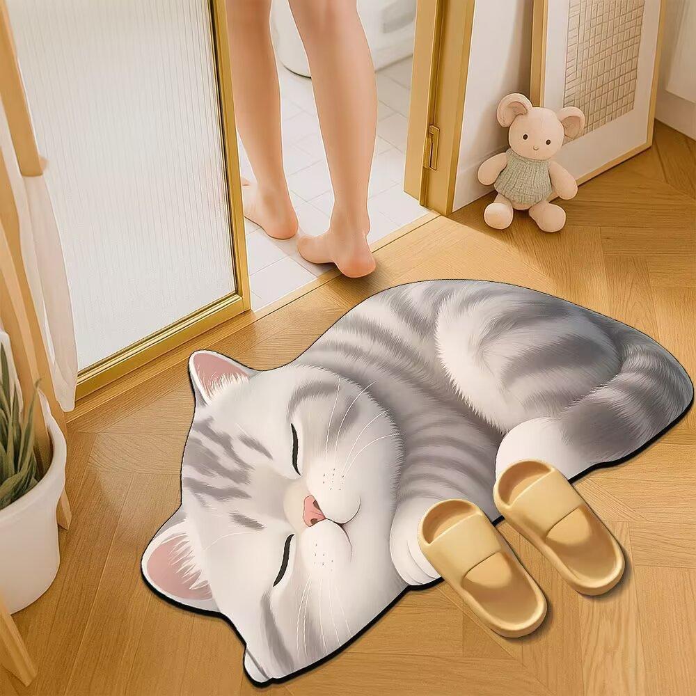Cartoon Cat Bathroom Mat, Shower Room Water-absorbing and Wear-resistant Floor Mat, Room Dirt-resistant Door Mat