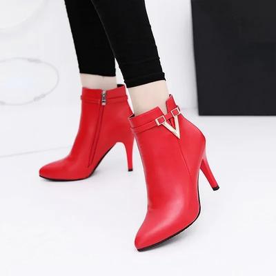 Automne Stiletto Talons Hauts Fins Femme Bout Pointu Cuir PU Fermeture Éclair Sexy Cheville Bottes Femme