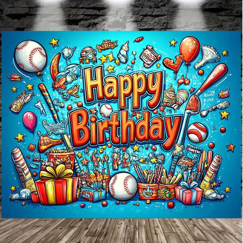 2D Sporty Baseball Happy Birthday Background Cloth Photo Booth Prop