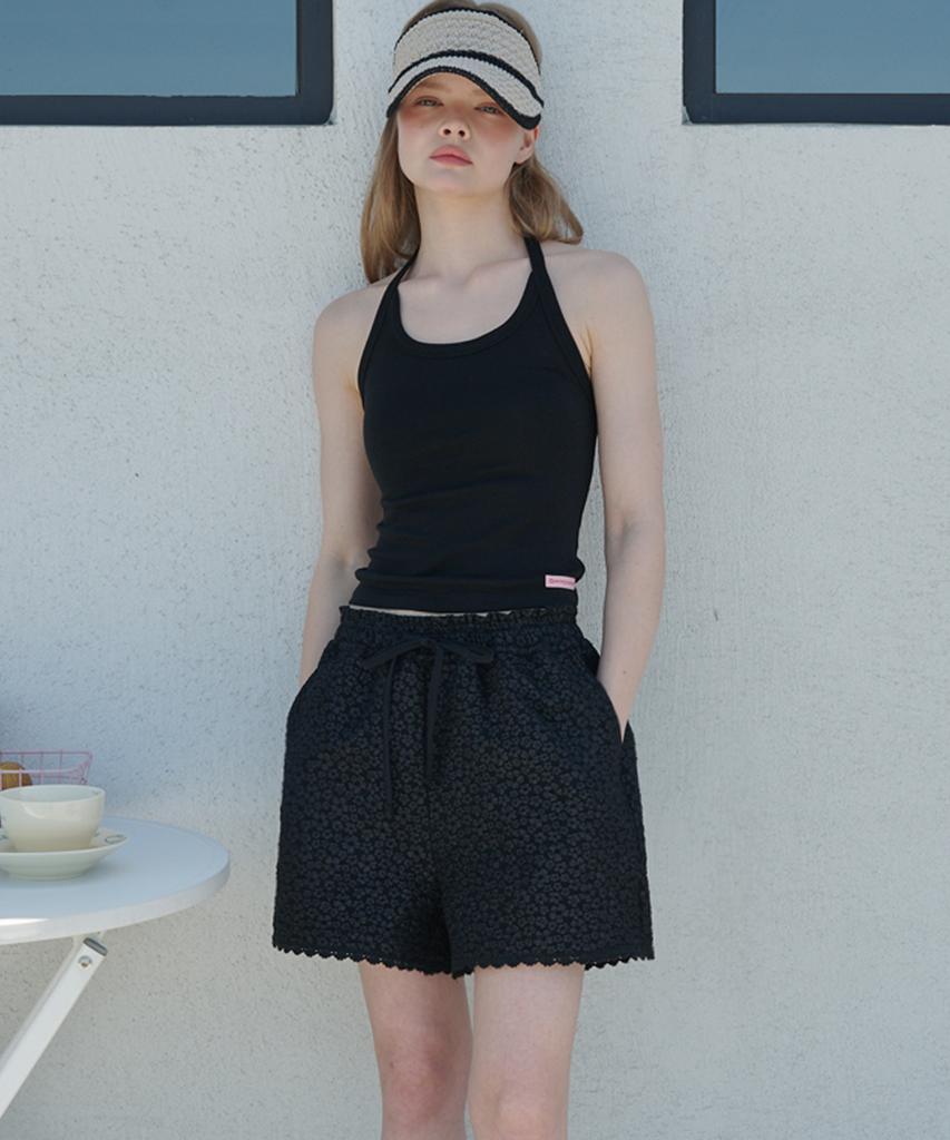 OPENING SUNSHINE Floral Embossed Lace Detail Elastic Waist Shorts Black
