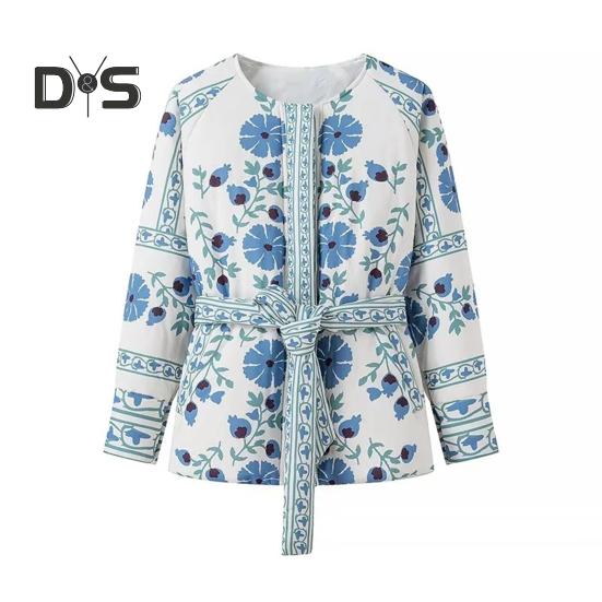 

Женская стеганая куртка с цветочным принтом, пуховик с длинным рукавом, круглым вырезом, застегивающийся на пуговицы, верхняя одежда, пальто с поясом L