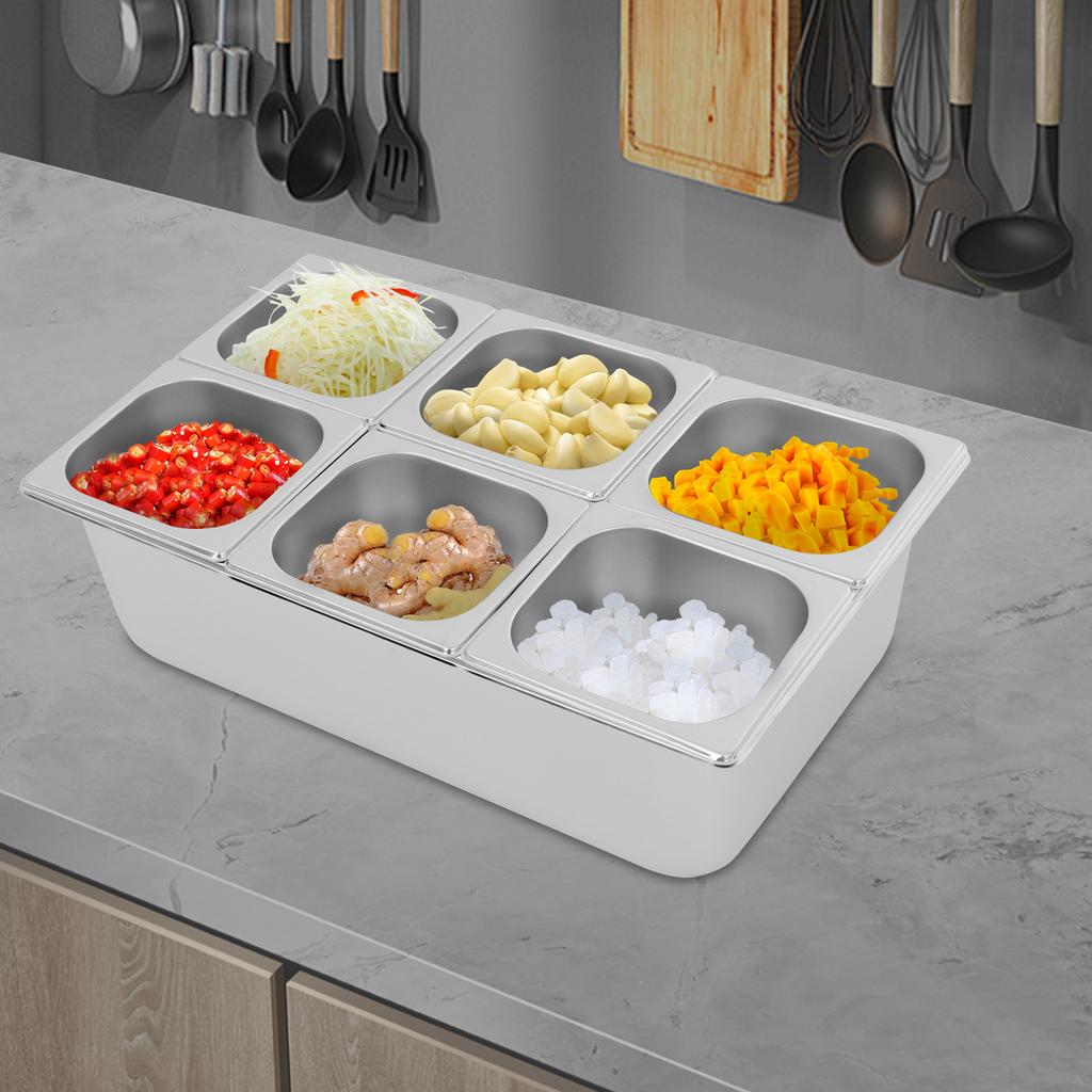 6-Compartment Fruit Storage Container with Cover, Drainage Inserts, 1.45L Individual Capacity, Silver Kitchen Organizer Tray