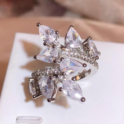 New Women for Ring Fashion Shiny AAAA Crystal Jewelry Leaf Open Ring Engagement Ring Party Jewelry Women for Ring