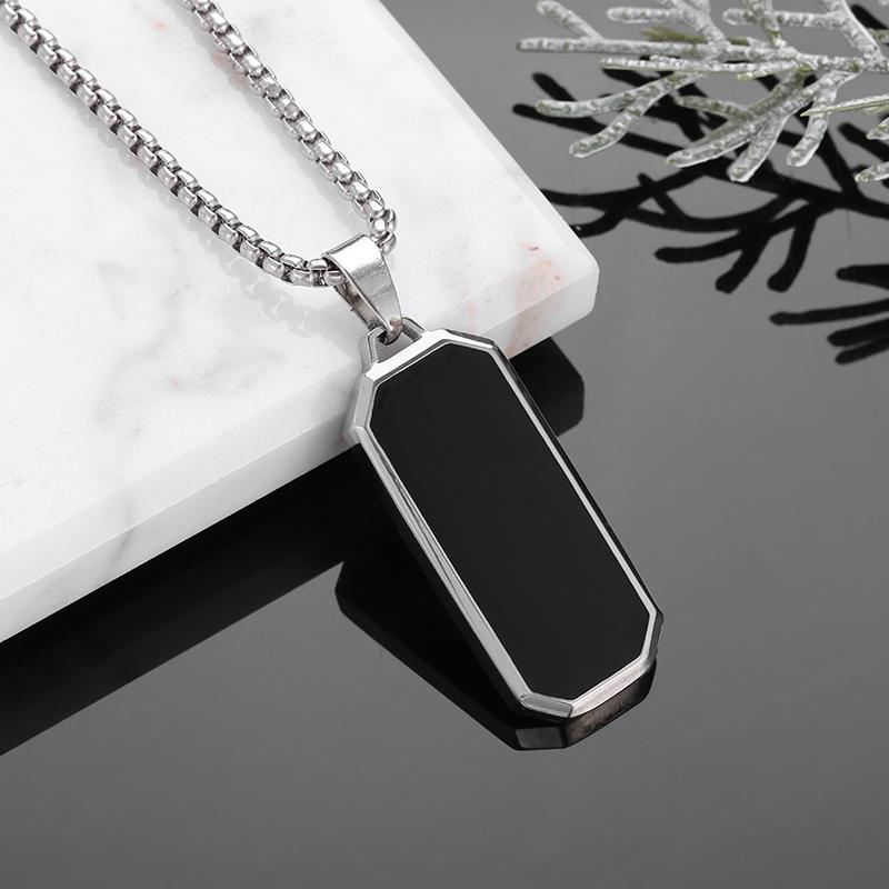 Stainless Steel Glossy Rectangular Black Pendant Necklace for Men Women Personalized Fashion Casual Party Jewelry