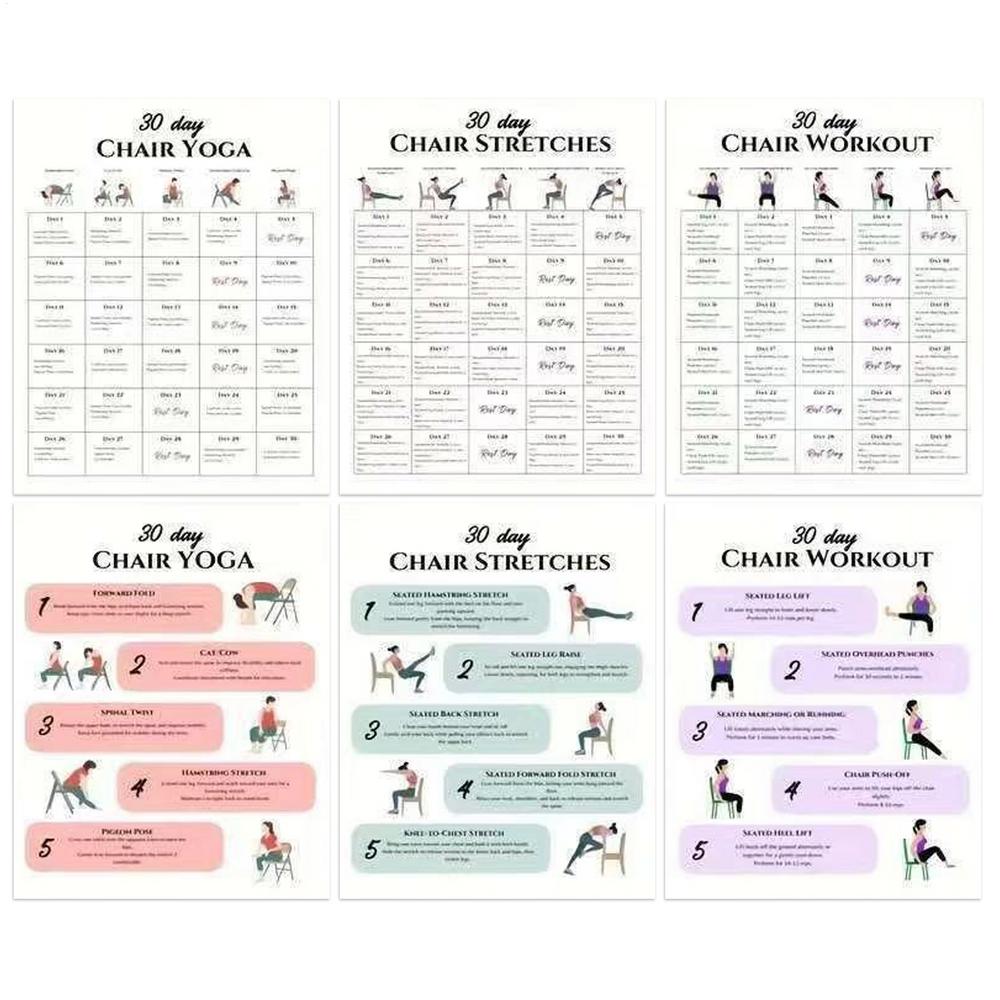 

30-дневный план упражнений на стуле для пожилых людей 6 штук фитнес-постер йога упражнения для сидячей позы схемы упражнений для утренних занятий спортом