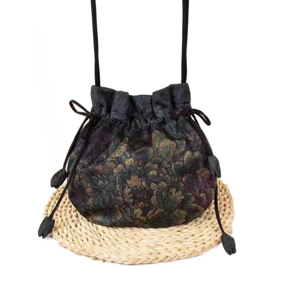 Silk Material Retro Handbags Embroidery Design Drawstring Closure Embroidery Silk Bags Storage Function Bucket Bag